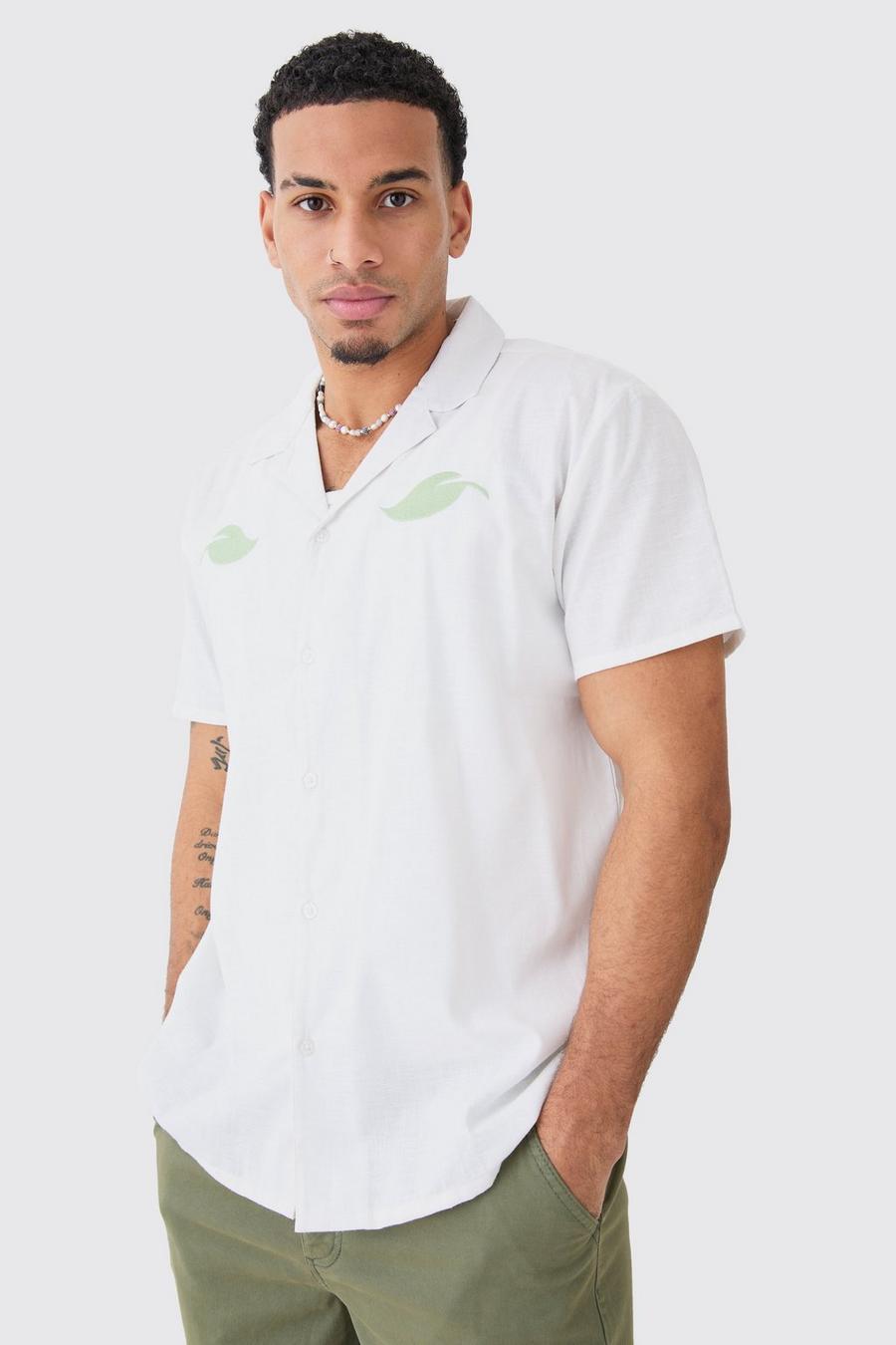 Camisa oversize efecto lino con bordado de hojas, White