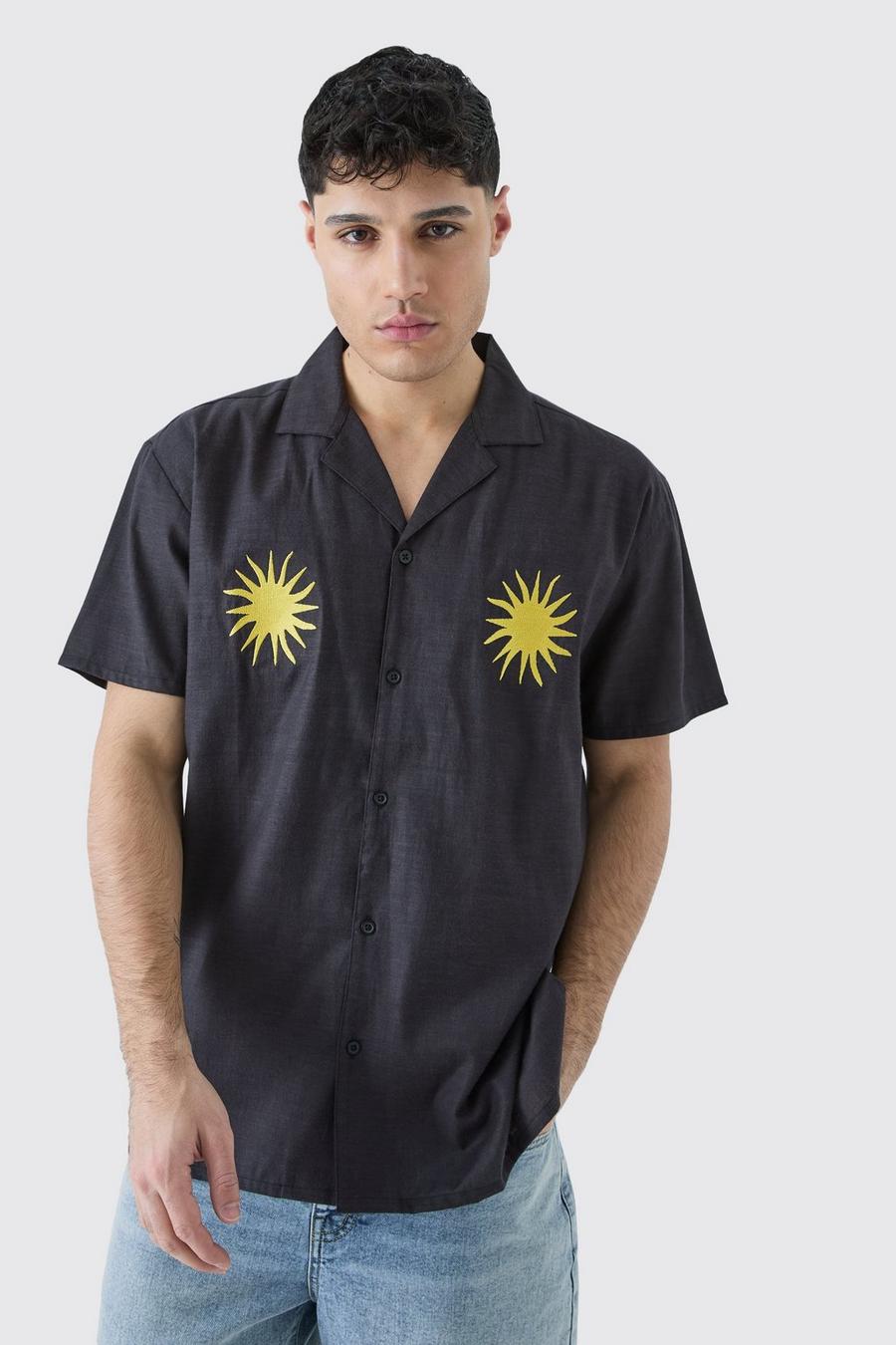 Camisa oversize efecto lino con bordado de sol, Black