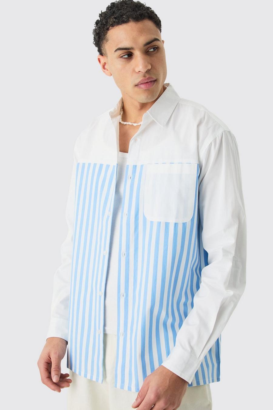 Camisa oversize de manga larga con panel de popelina y rayas, Blue