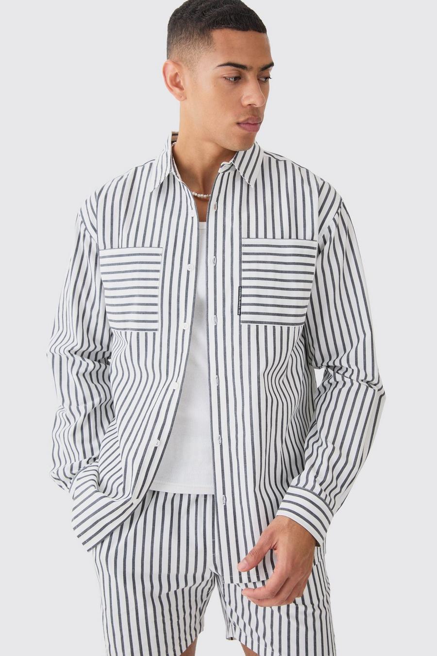 Grey Long Sleeve Oversized Tab Stripe Shirt
