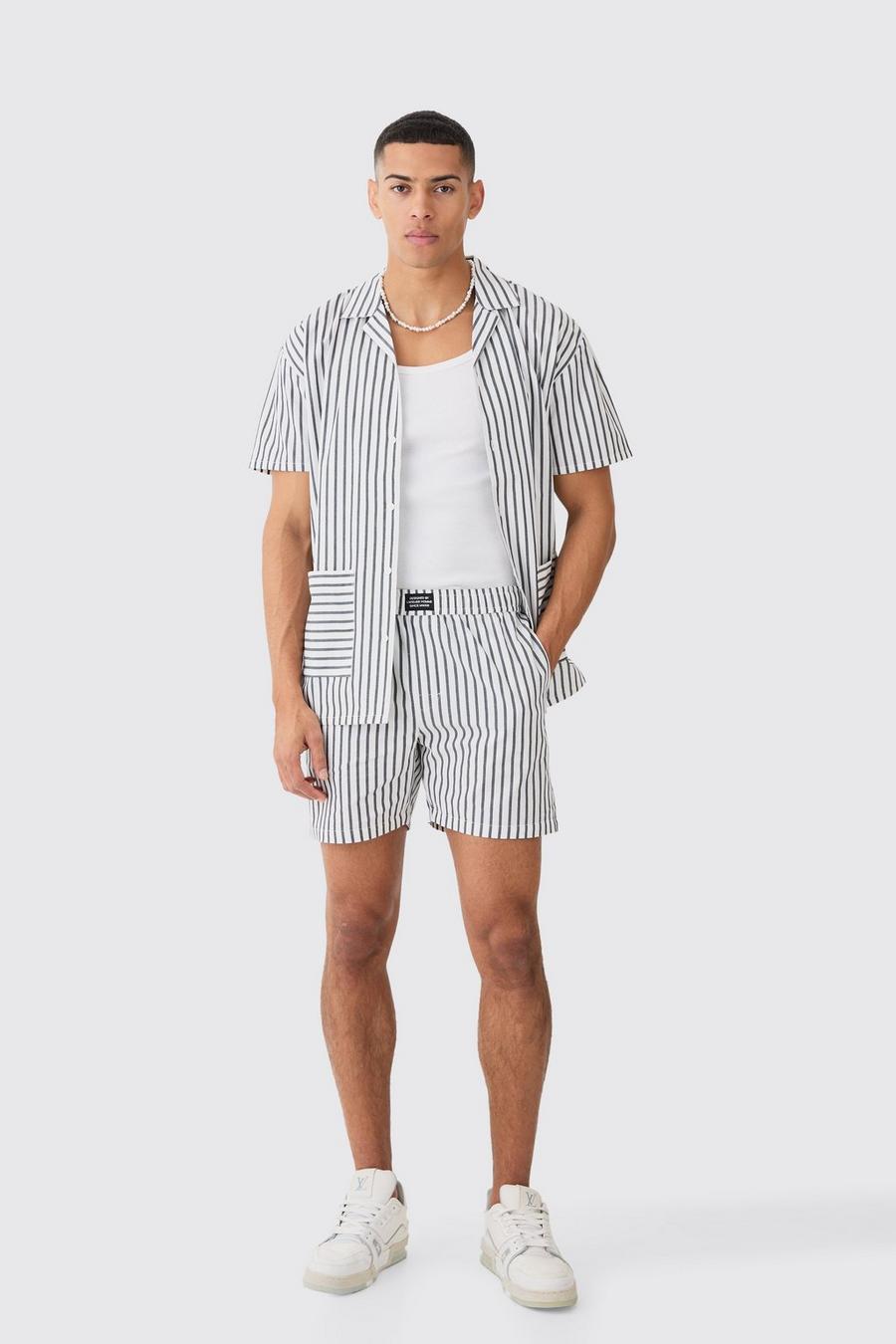 Grey Short Sleeve Oversized Stripe Hem Pocket Shirt