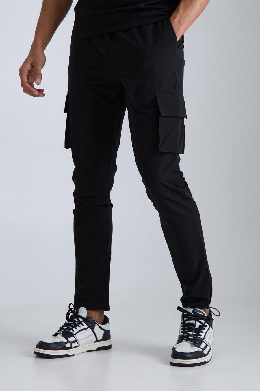 Black  Elasticated Waist Technical Stretch Skinny Cargo Trouser 