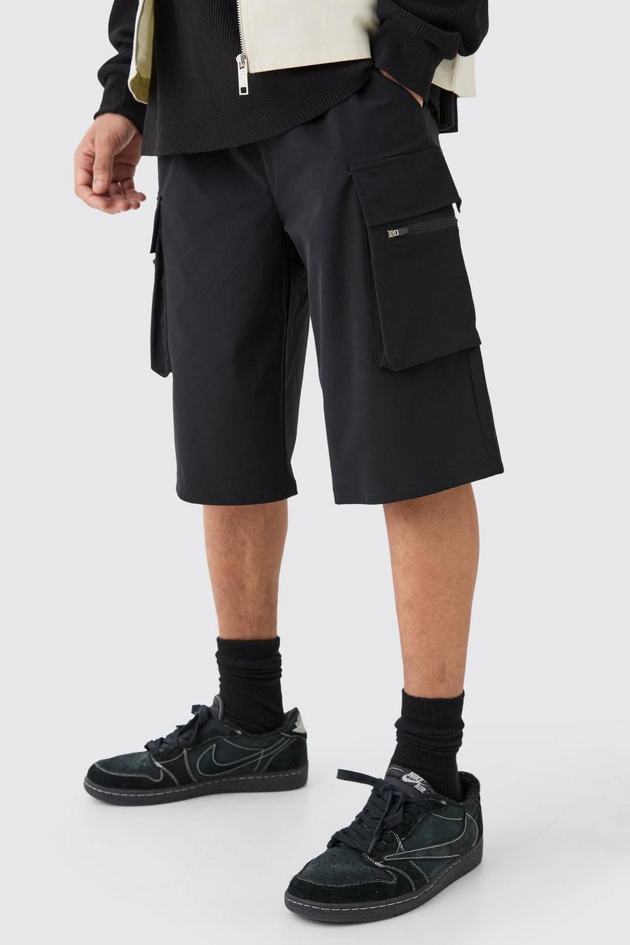 Lockere elastische Stretch Cargo-Shorts, Black