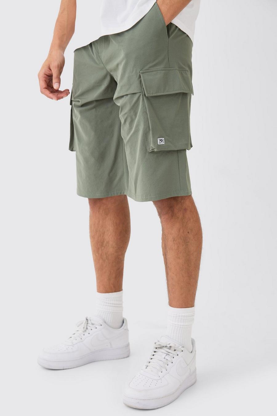 Khaki  Elasticated Relaxed Lightweight Stretch Short With Branding image number 1