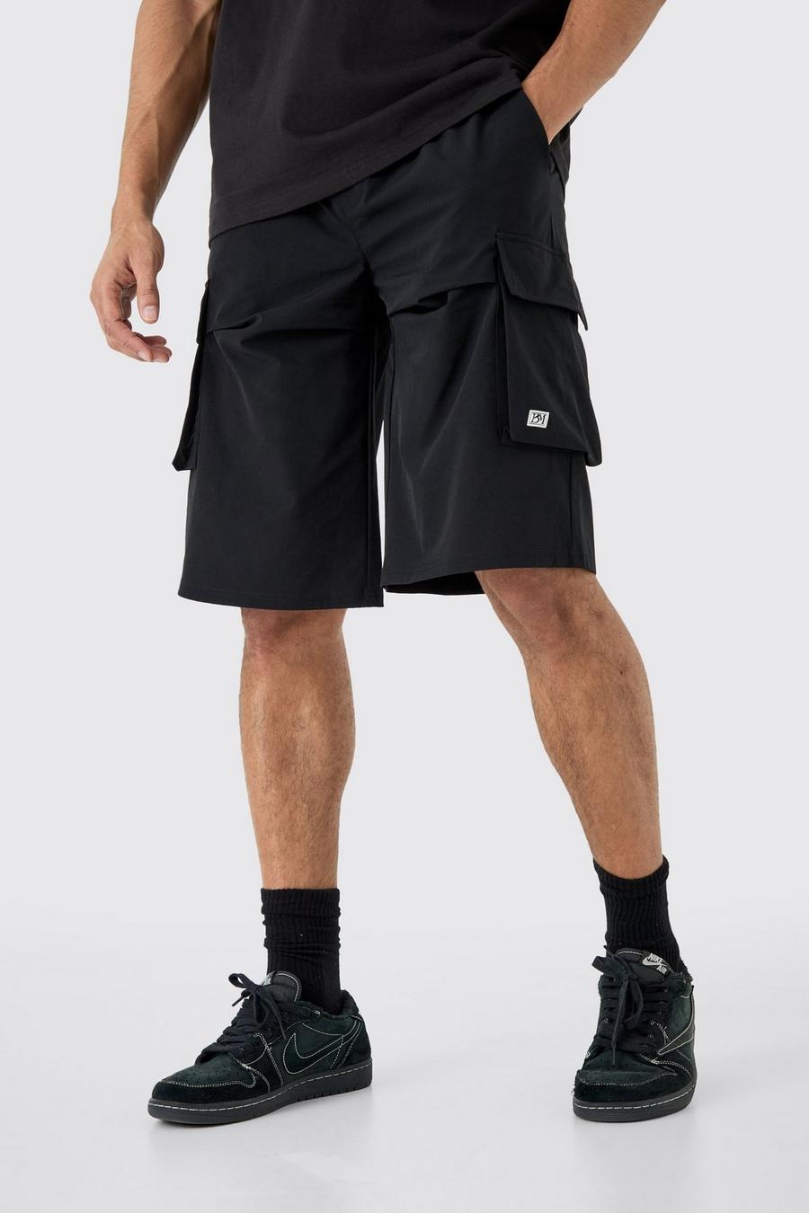 Black  Elasticated Waist Relaxed Technical Stretch Short With Branding