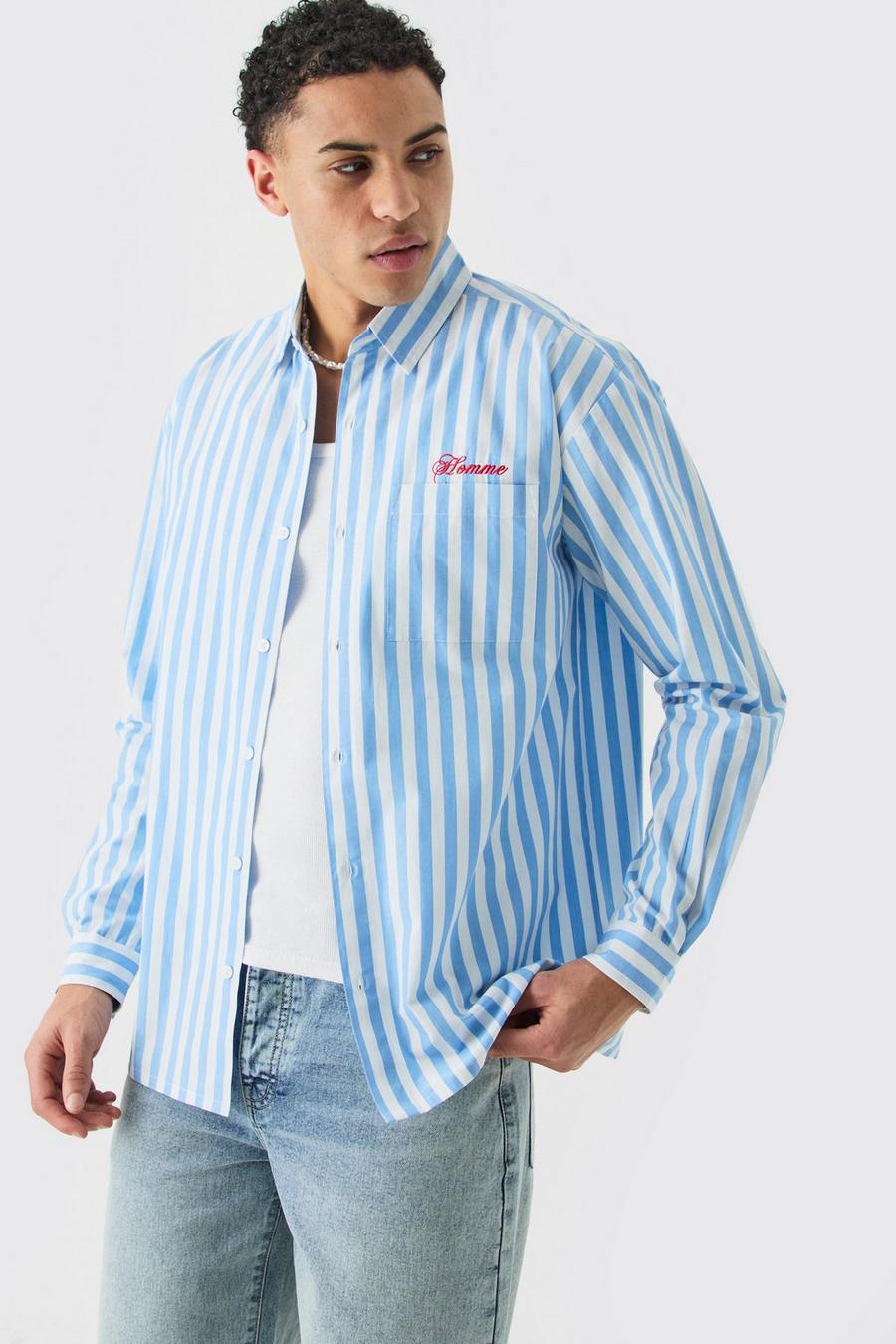 Blue Long Sleeve Oversized Embroidered Stripe Shirt
