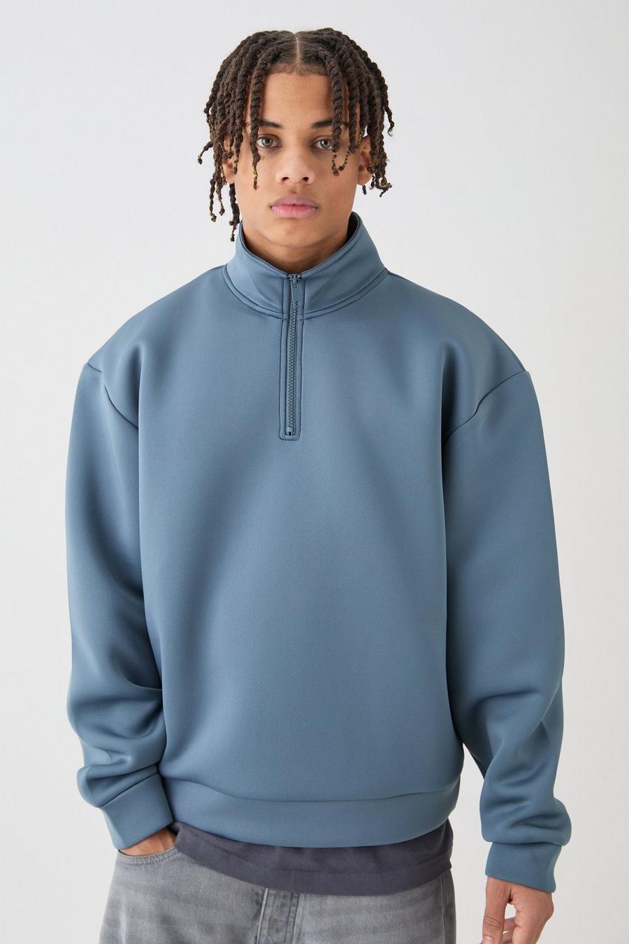 Kastiges Oversize Scuba-Sweatshirt mit Reißverschluss, Slate blue