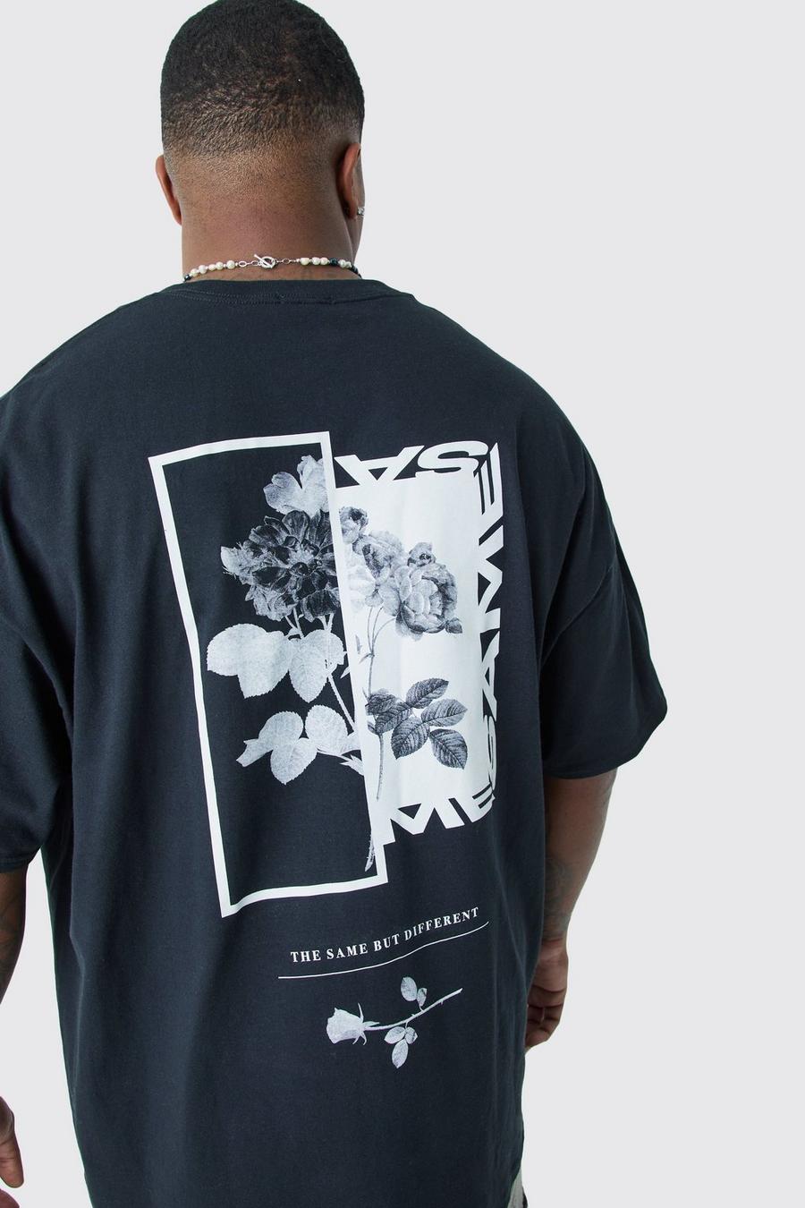 Black Plus Oversize t-shirt med tryck på ryggen och blommor image number 1