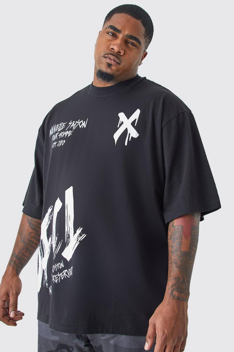 T-shirt Plus Size oversize stile Graffiti con girocollo esteso, Black