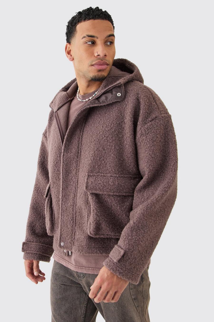 Brown Oversized Boxy Pluizige Bouclé Cargo Hoodie Met Rits