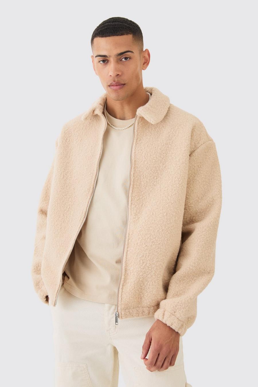 Giacca Harrington oversize in bouclé in pile borg, Beige image number 1