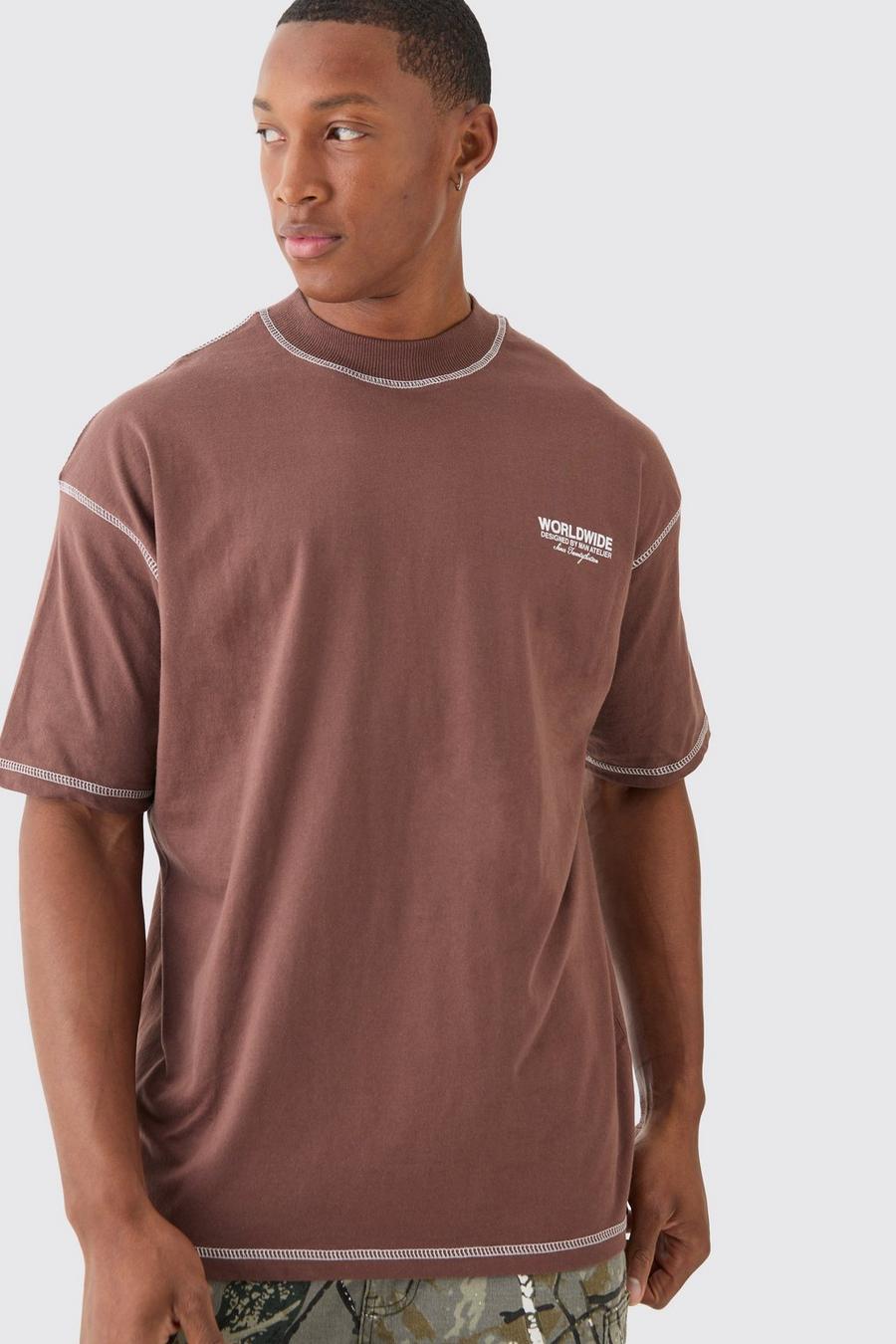 Camiseta oversize Worldwide con costuras en contraste, Chocolate image number 1