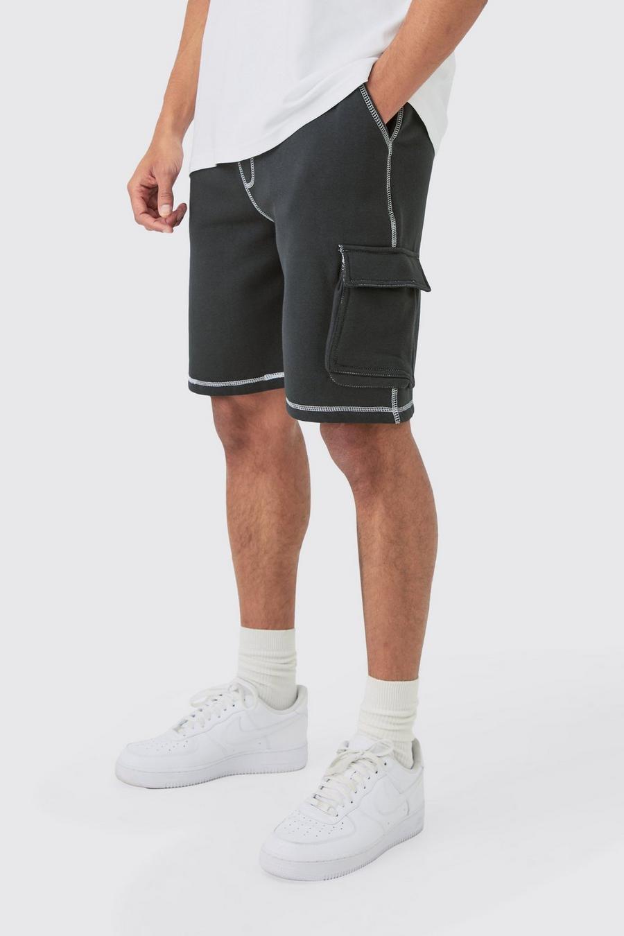 Black Relaxed Contrast Stitch Cargo Shorts