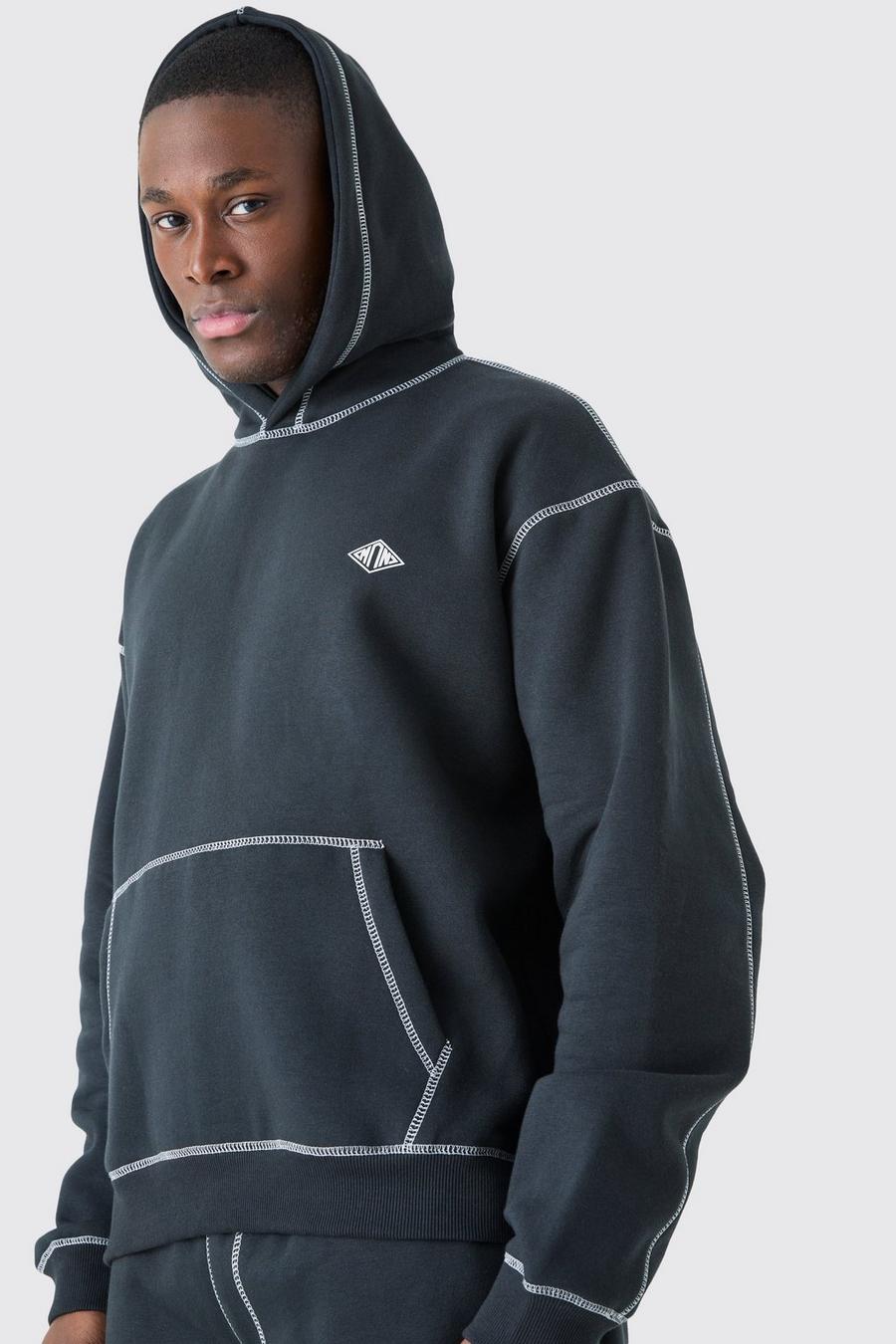 Oversized Boxy Man Contrast Stitch Hoodie, Black