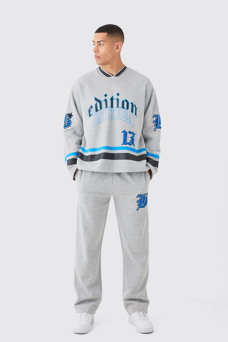 Oversize Sweatshirt-Trainingsanzug mit V-Ausschnitt und Applikation, Grey marl image number 1