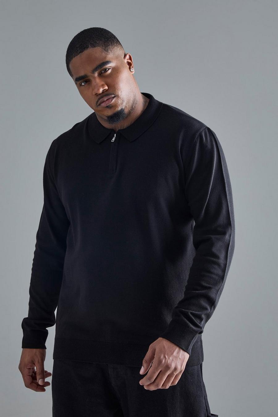 Plus Concealed Half Zip Knitted Polo In Black image number 1