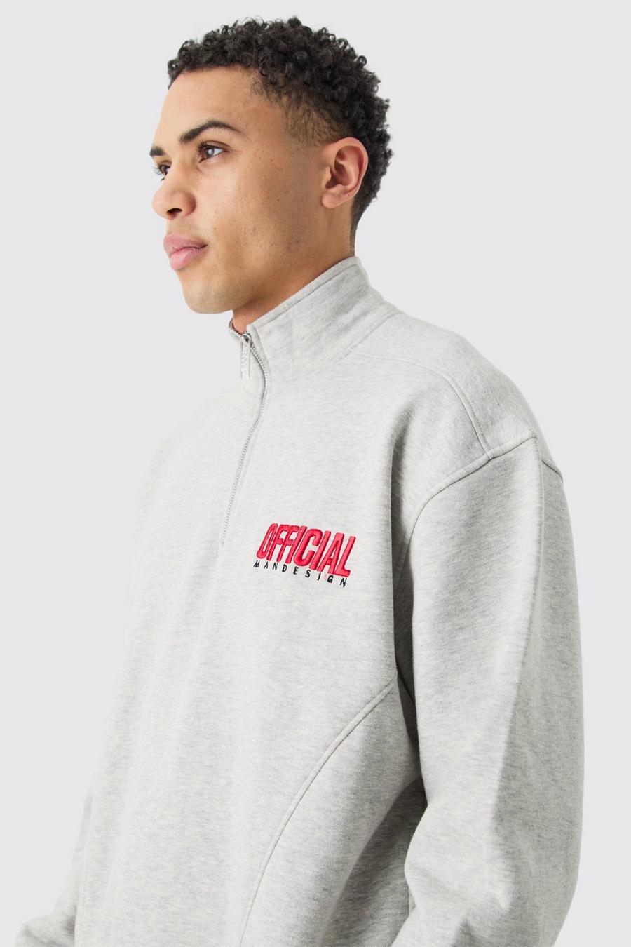 Kastiges Oversize Sweatshirt mit 1/4 Reißverschluss und 3D Stickerei, Grey marl