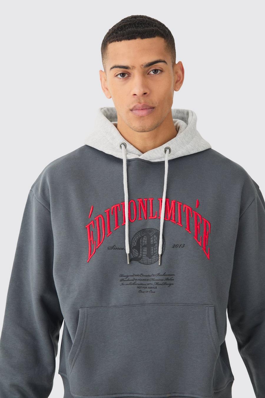 Charcoal Oversized Boxy 3d Embroidered Edition Hoodie image number 1