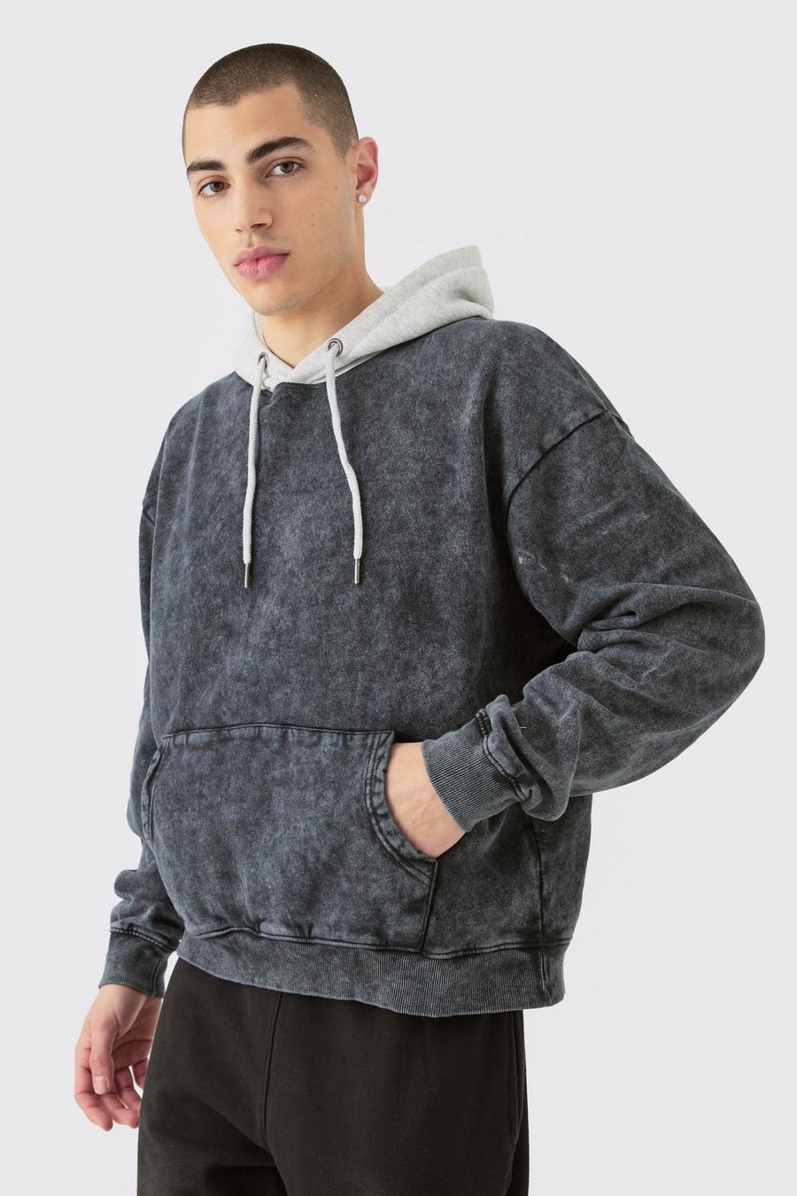 Charcoal Oversized Boxy Acid Wash Hoodie With Contrast Hood image number 1
