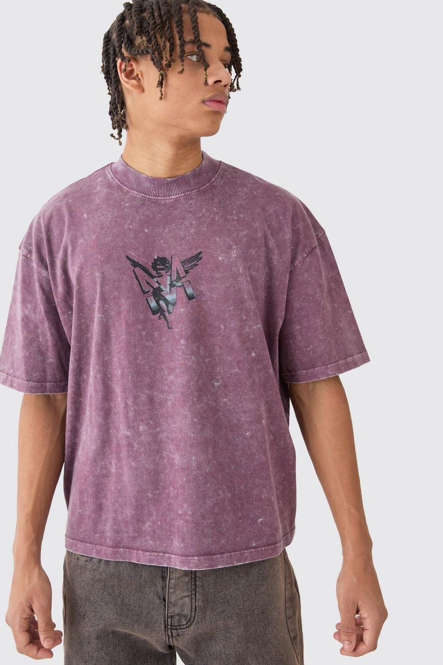 T-shirt squadrata oversize in lavaggio acido con grafica M e girocollo esteso, Purple