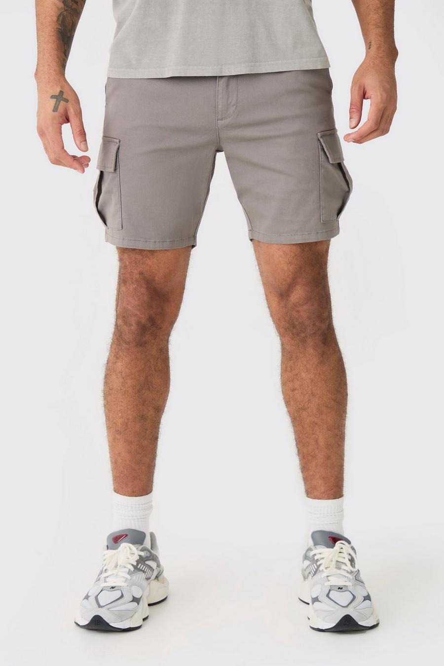 Fixed Waist Grey Skinny Fit Cargo Shorts