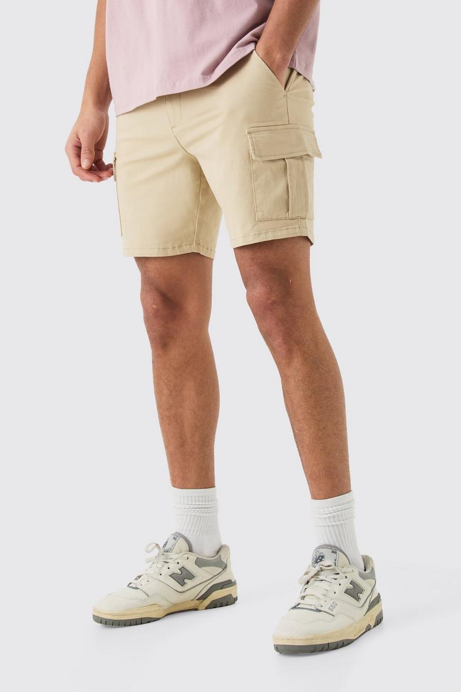 Fixed Waist Stone Skinny Fit Cargo Shorts