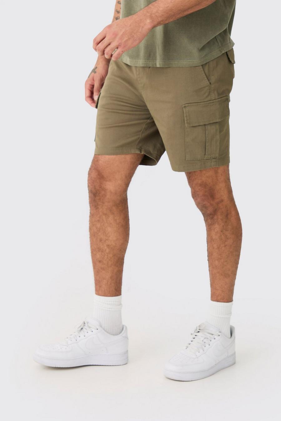 Khaki Slim Fit Cargo Shorts Met Elastische Taille