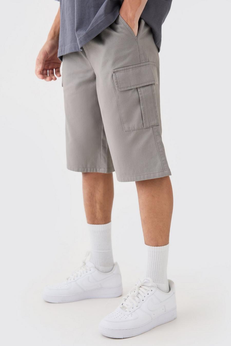Elastic Waist Grey Relaxed Fit Longer Length Cargo Shorts