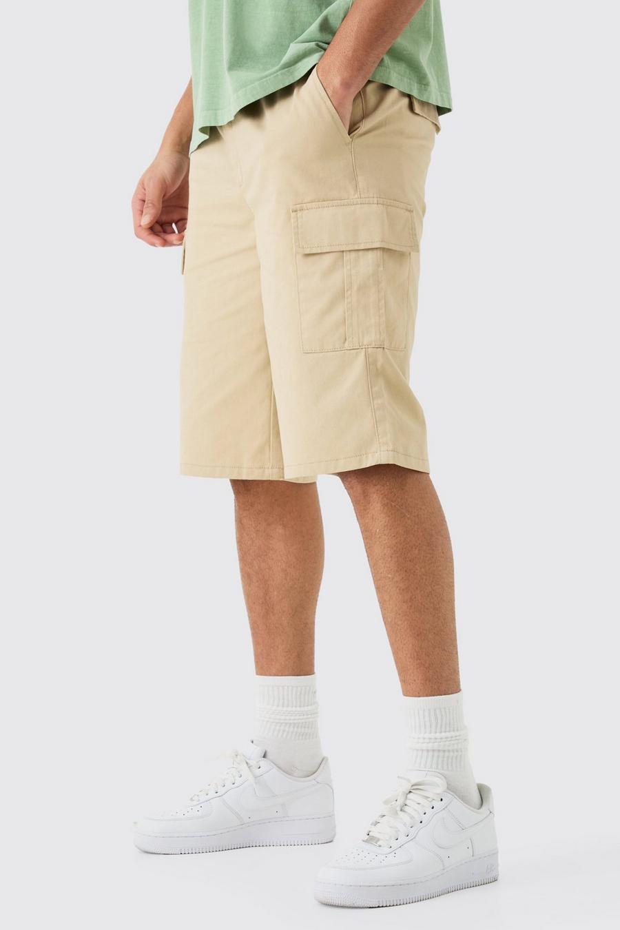 Elasticated Waist Stone Relaxed Fit Longer Length Cargo Shorts image number 1