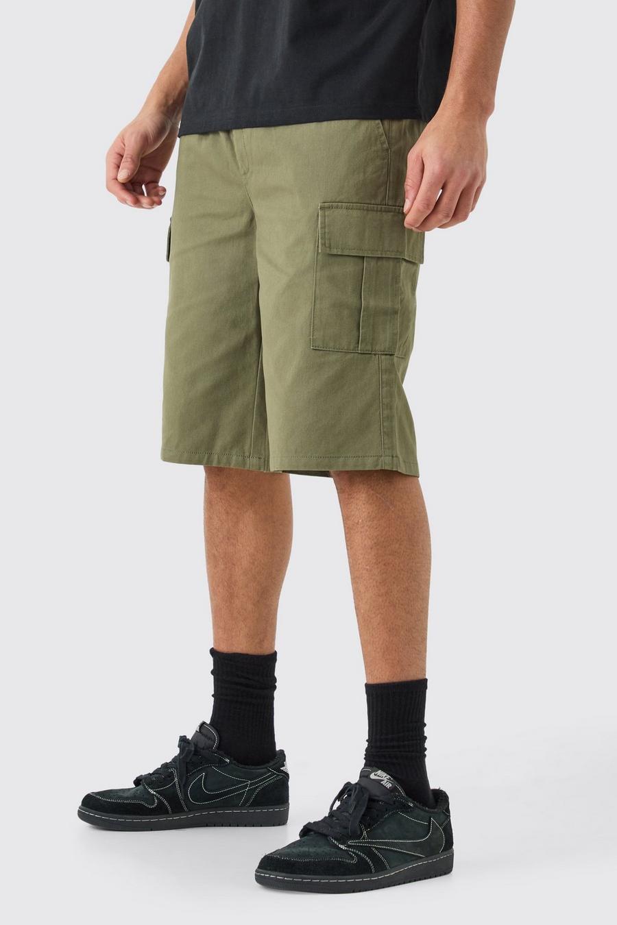 Elasticated Waist Khaki Relaxed Fit Longer Length Cargo Shorts