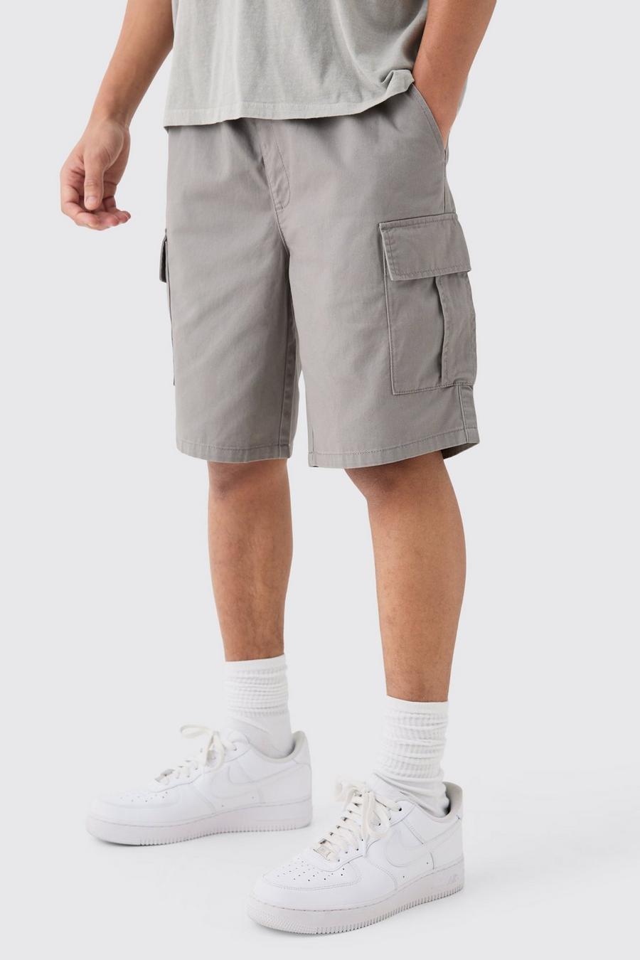 Elastic Waist Grey Relaxed Fit Cargo Shorts