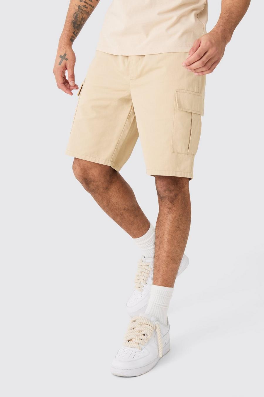 Elastic Waist Stone Relaxed Fit Cargo Shorts