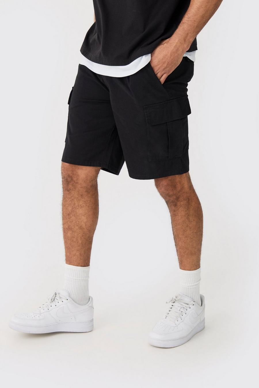 Elastic Waist Black Relaxed Fit Cargo Shorts image number 1