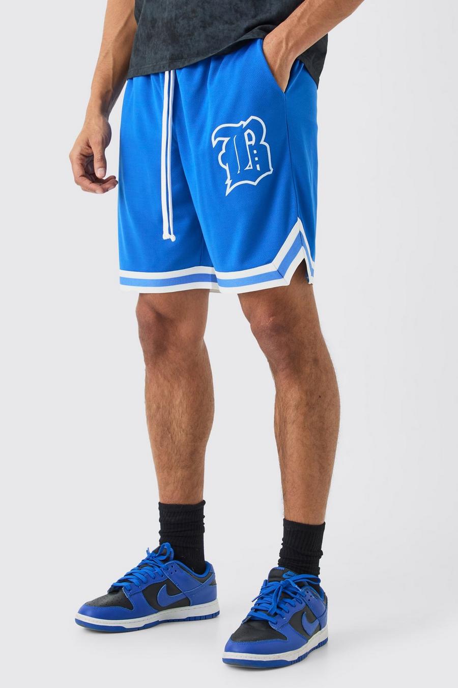 Pantaloncini da basket comodi in rete con applique di lettera B, Cobalt image number 1
