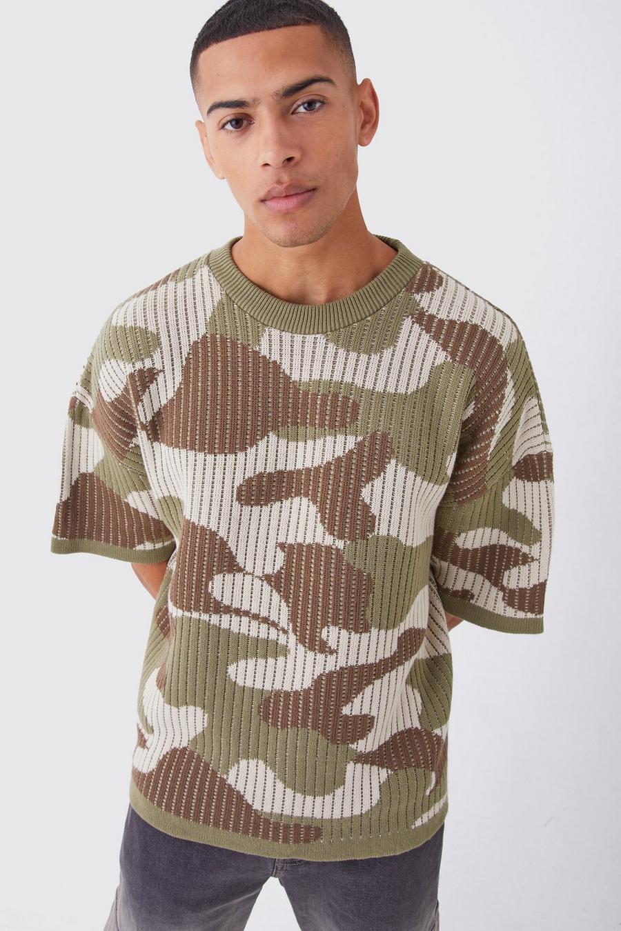 T-shirt oversize en maille à imprimé camouflage, Stone