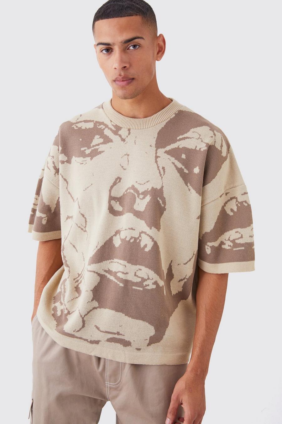 T-shirt oversize in maglia con disegno a linee, Stone