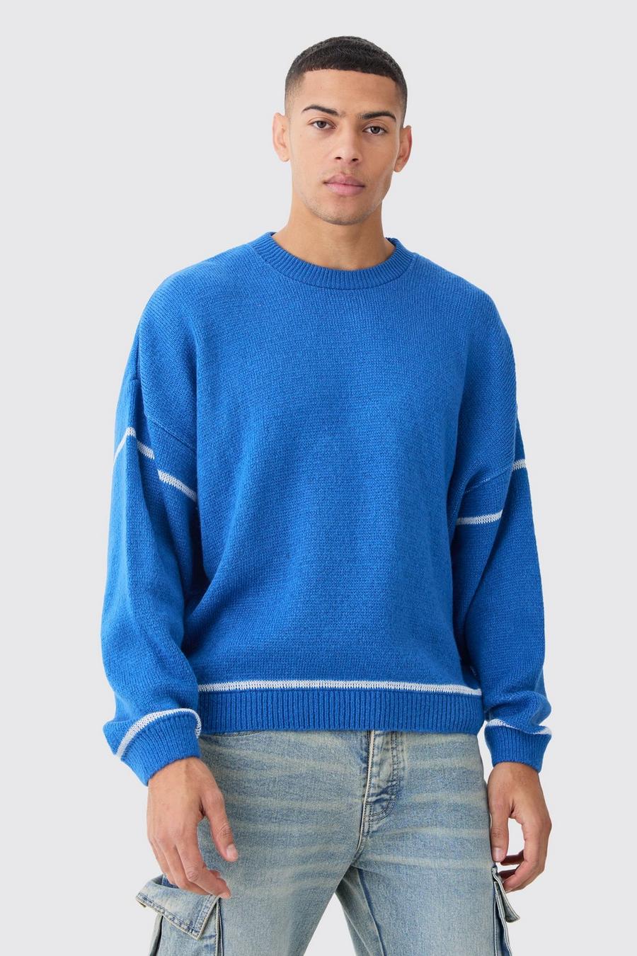 Maglione squadrato oversize in maglia spazzolata con cuciture a contrasto, Blue