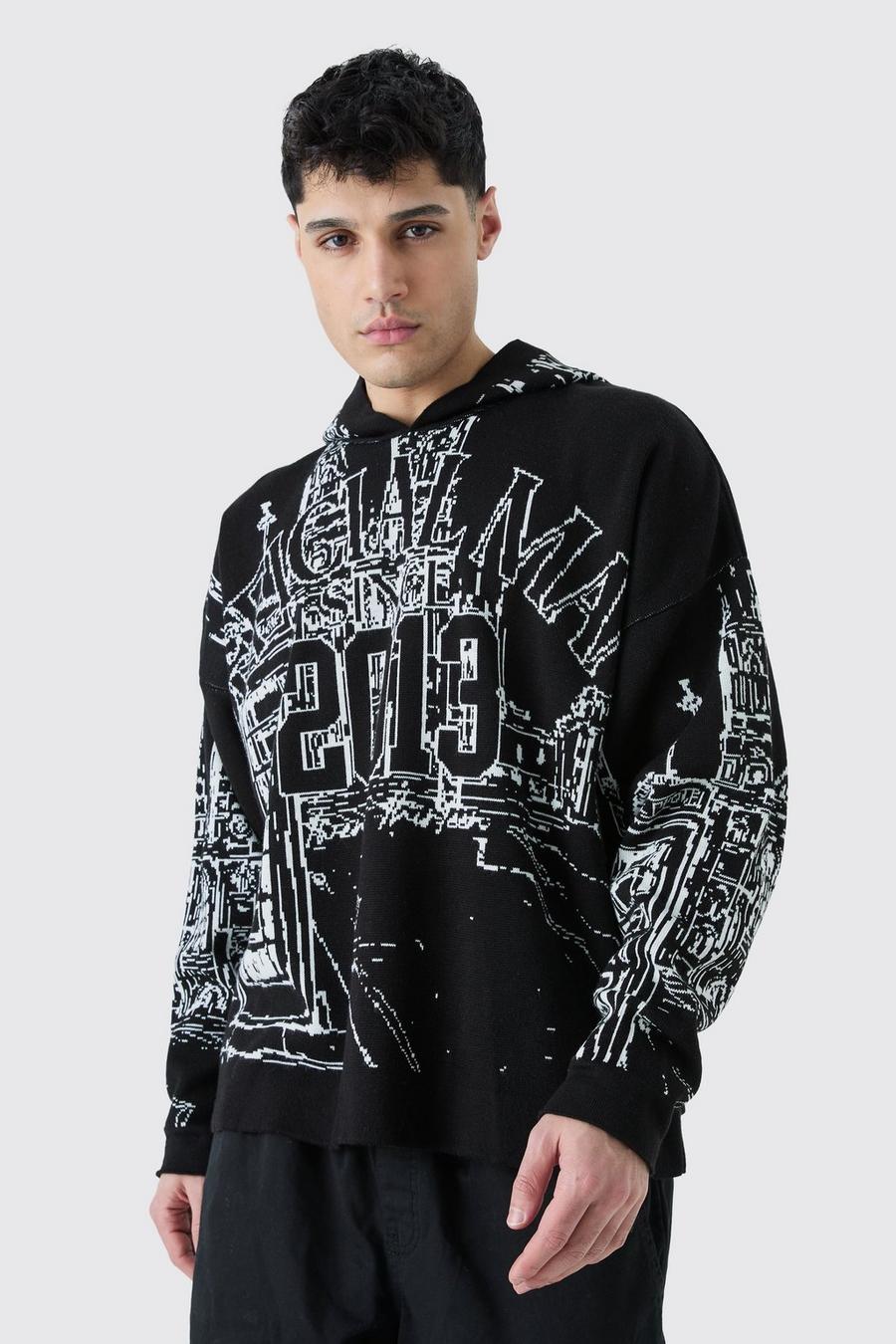 Black Oversized All Over Graphic Hoodie image number 1