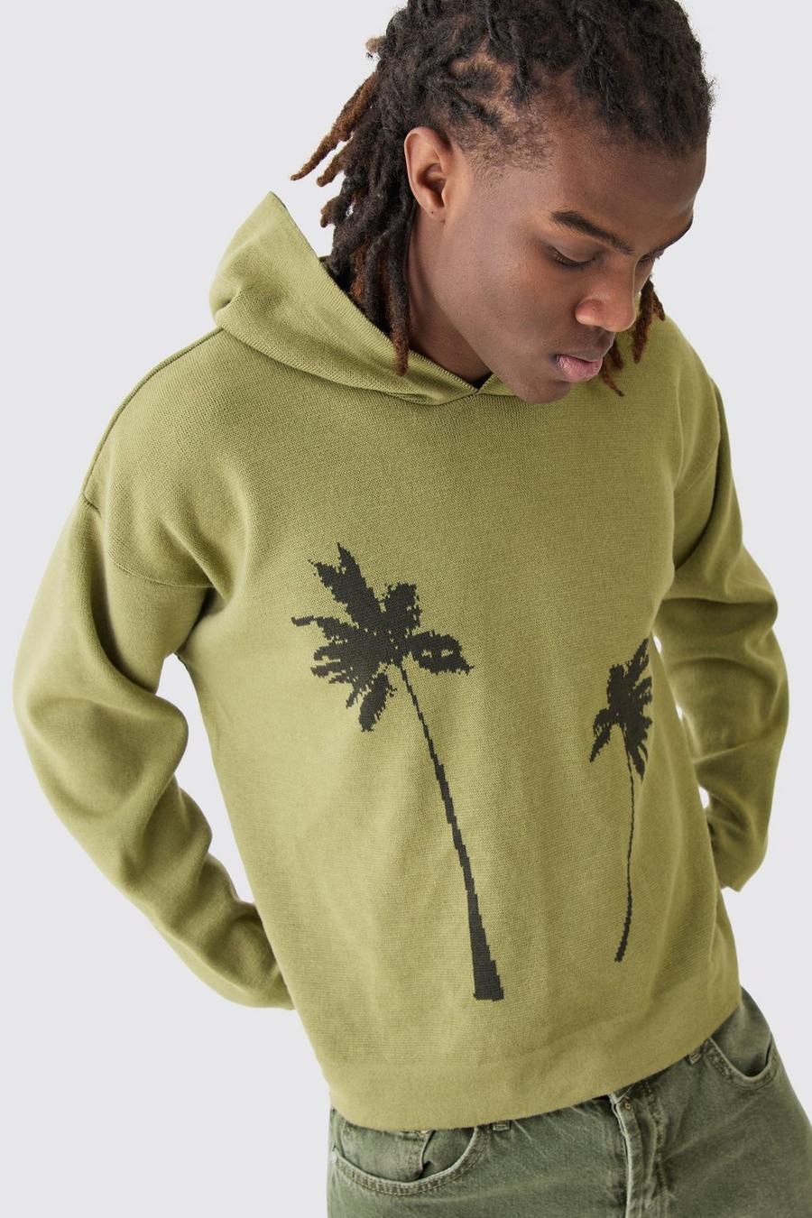 Khaki Boxy Drop Shoulder Graphic Knit Hoodie