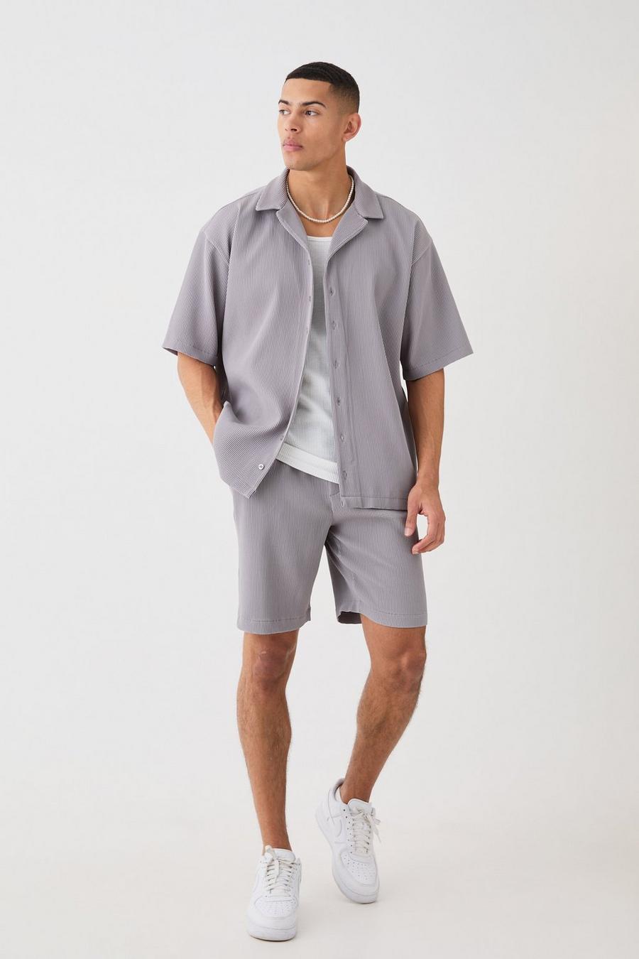 Grey Oversized Short Sleeve Pleated Shirt And Short