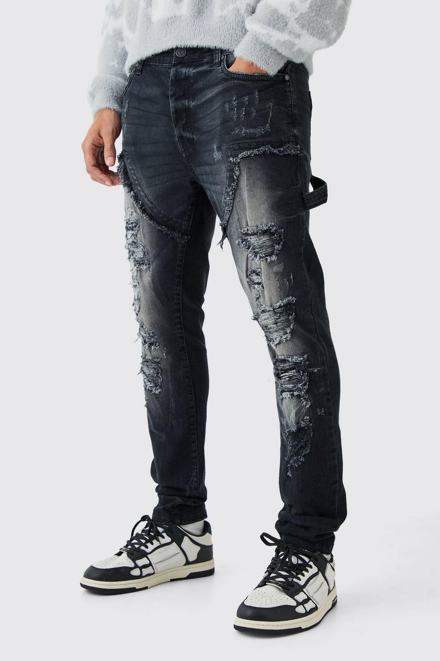 Jeans Skinny Fit in denim Stretch con strappi Carpenter neri slavati, Washed black