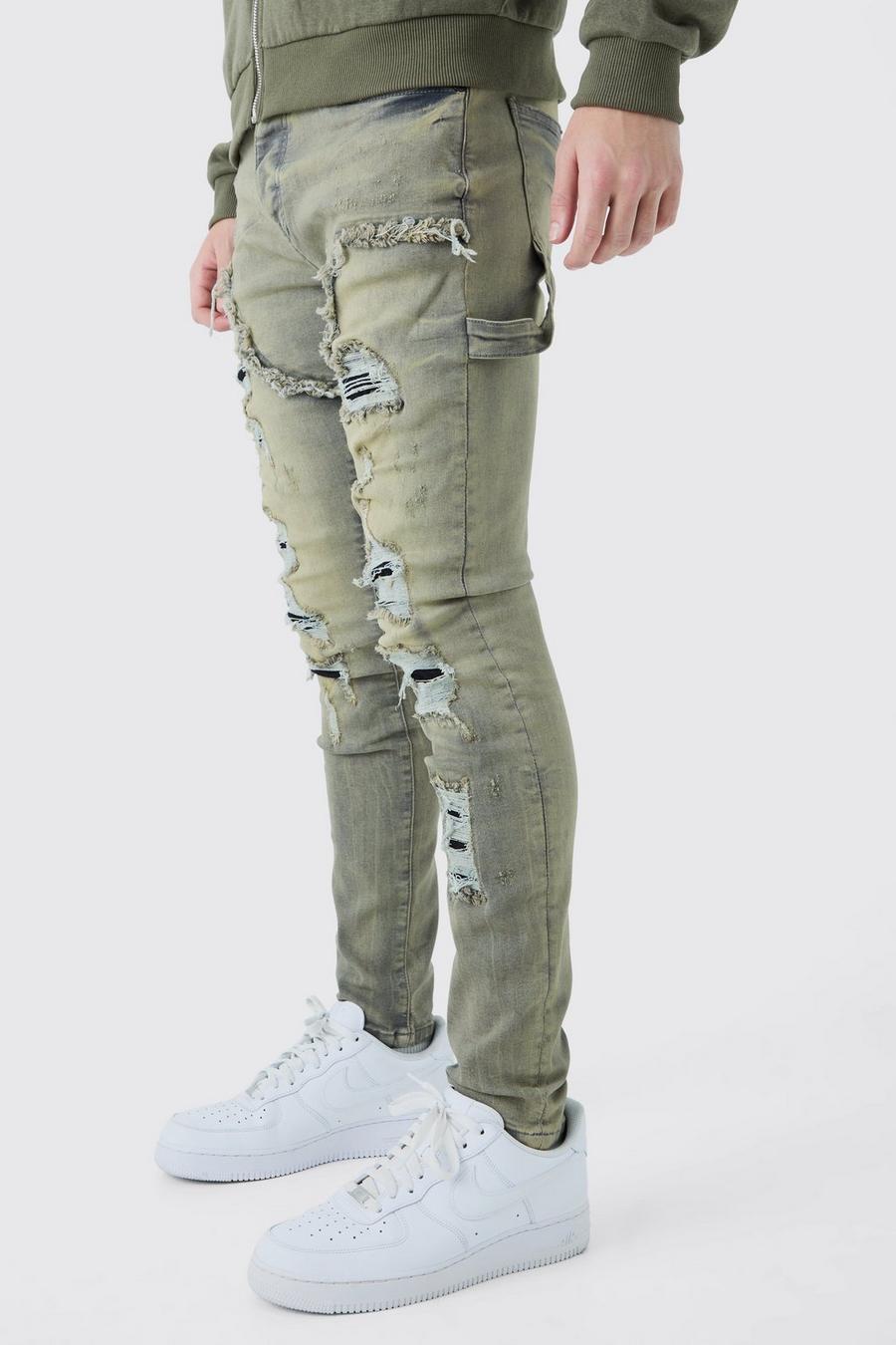 Skinny Stretch Multi Rip Carpenter Jeans In Antique Grey