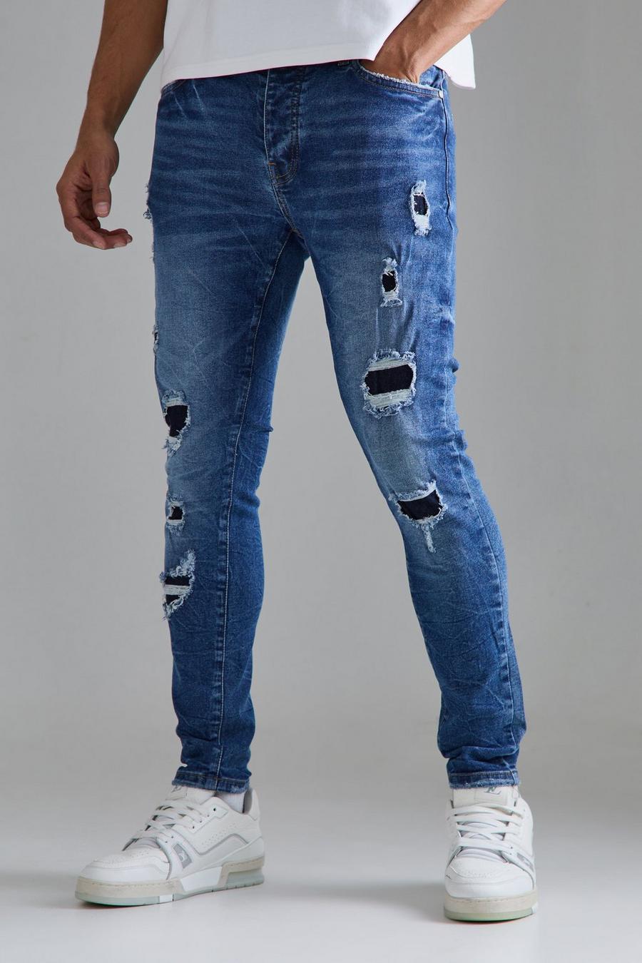 Jeans Skinny Fit Stretch strappati di colore blu medio, Mid blue