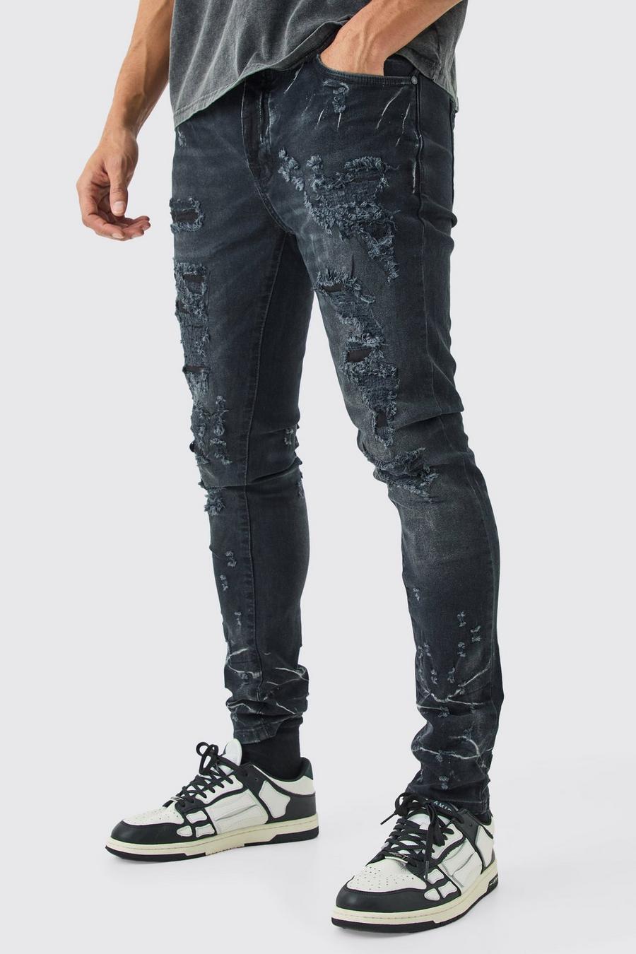 Skinny Stretch Multi Rip Jeans In Washed Black