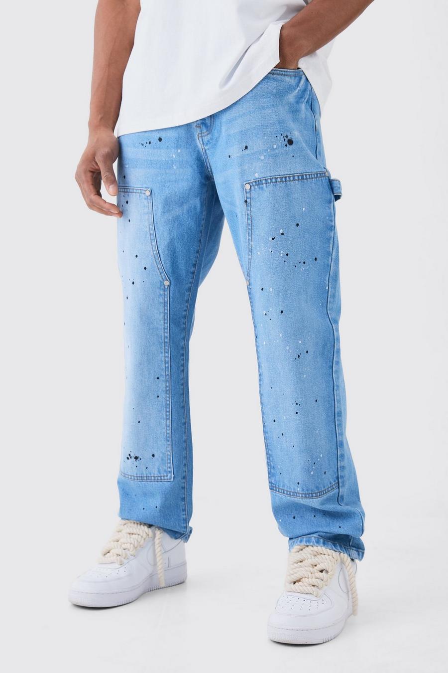 Jeans rilassati in denim rigido stile Carpenter con schizzi di colore, Light blue