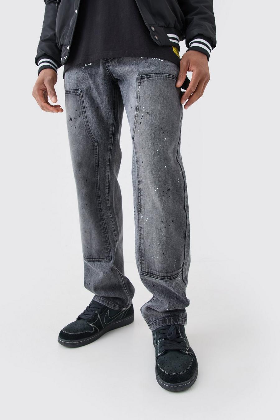 Jeans rilassati in denim rigido stile Carpenter in lavaggio acido, Charcoal