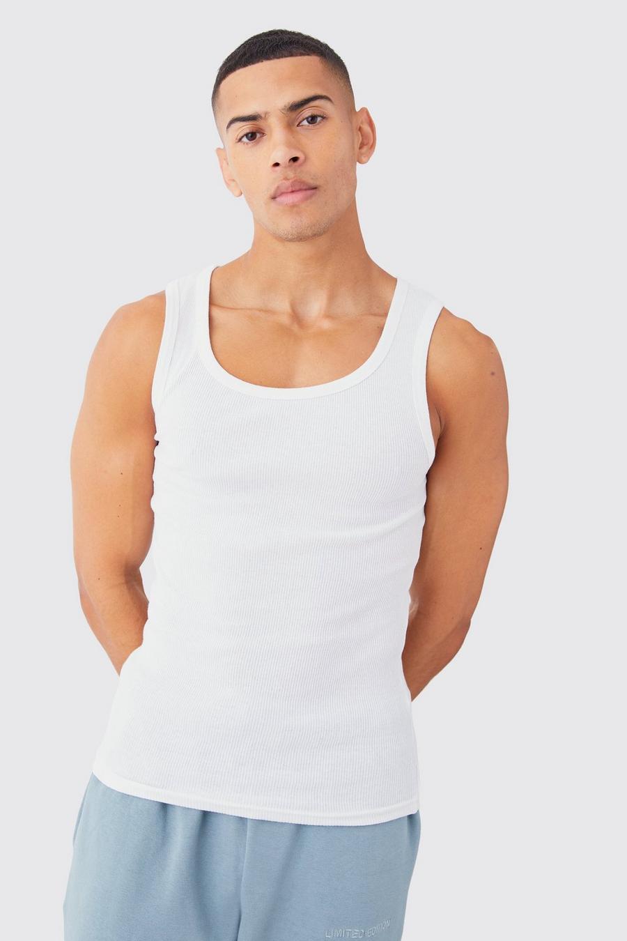 White Geribbeld Muscle Fit Hemd