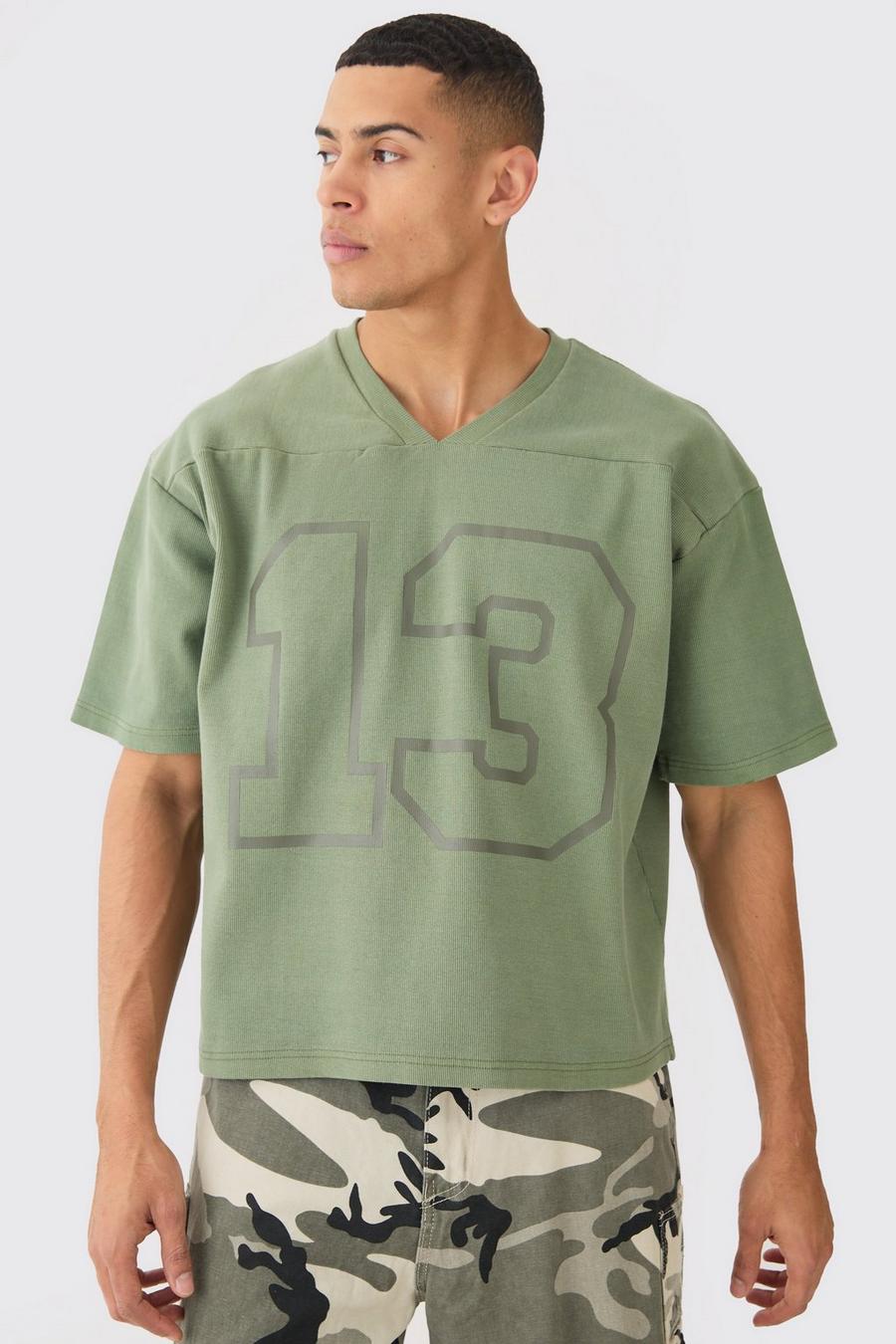 Khaki Ribbad sweatshirt med V-ringning och kort ärm