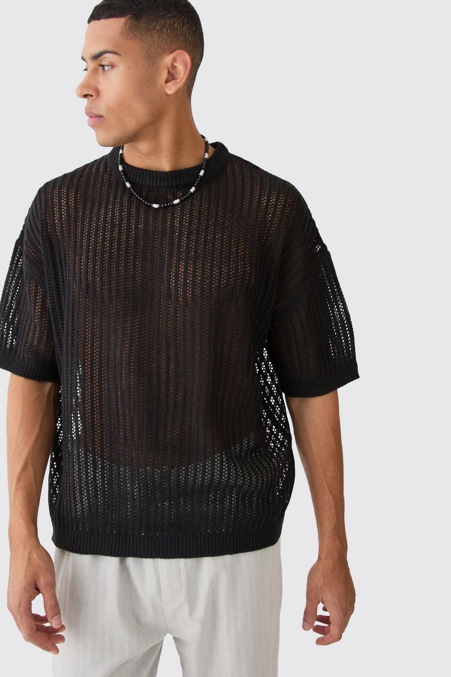 Oversized Drop Shoulder Open Stitch T-shirt In Black