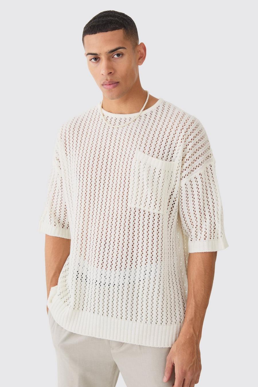 Camiseta oversize de punto calado con bolsillo en color crudo, Ecru